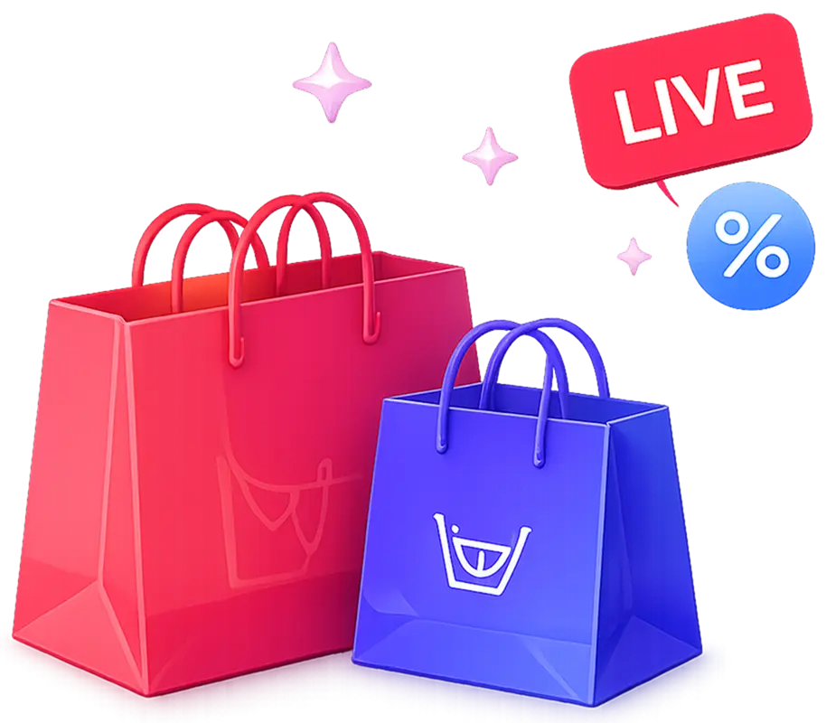 Colorful live-shopping bags and discount symbols
